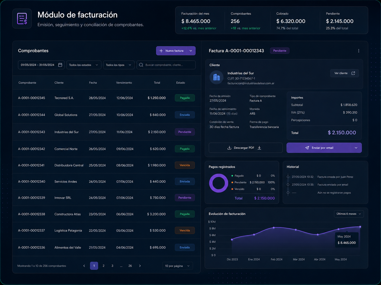 Mockup de módulo de facturación con comprobantes, pagos y estados financieros